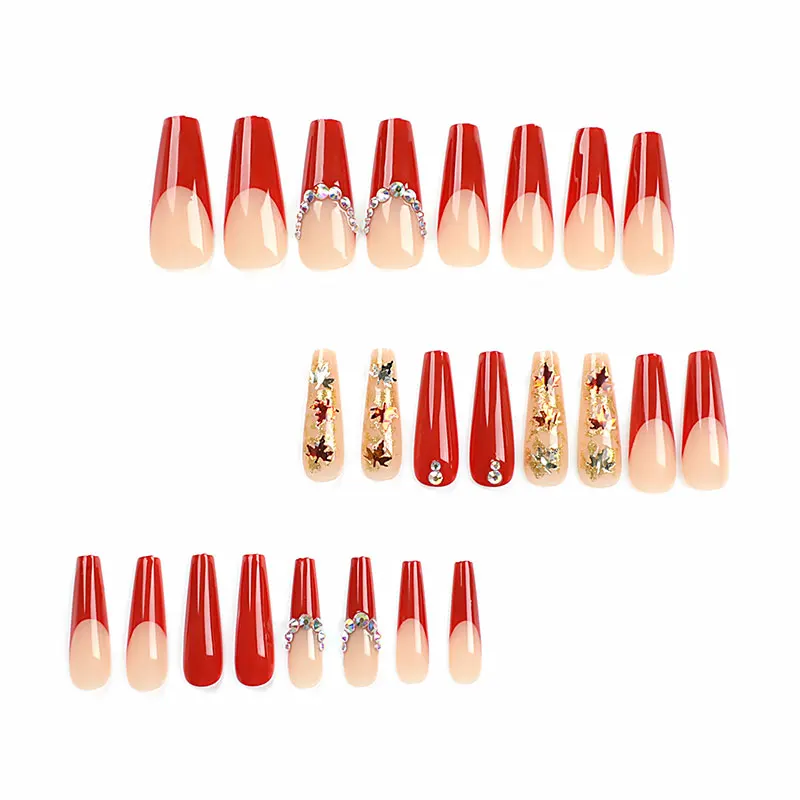 24pcs French European and American long manicure autumn and winter maple leaf sequins wearable nails fake nails sparkling diamon