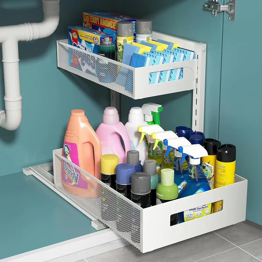 

Pull-Out Under Kitchen Sink Organizer, Metal Functional Under Sink Organizer, Height Adjustable Under Bathroom Sink Organizer,