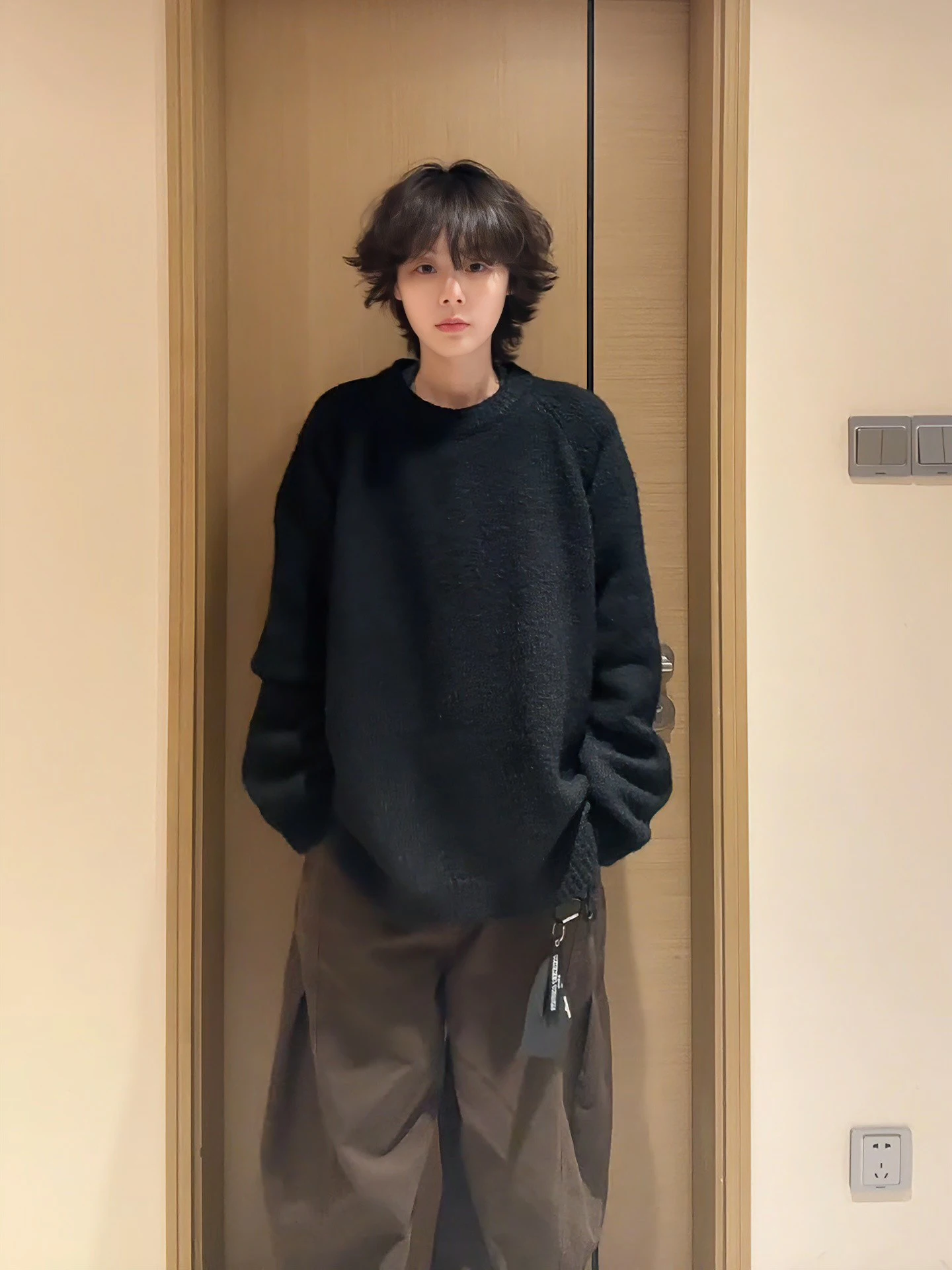 

American Sle Men's Bla round Ne Knitwear Heavyweight Lazy Sle Autumn Winter Inner Wear Loose Base Layer irt