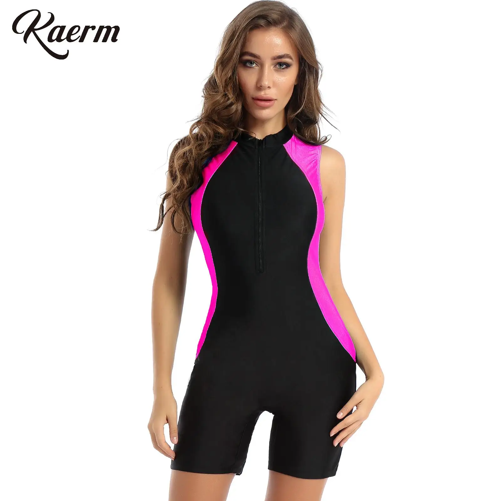 Women's Jumpsuit One-piece Leotard Zipper Bodysuit Sleeveless Splicing Color Swimsuit Athletic Bathing Suit for Swimming Suits