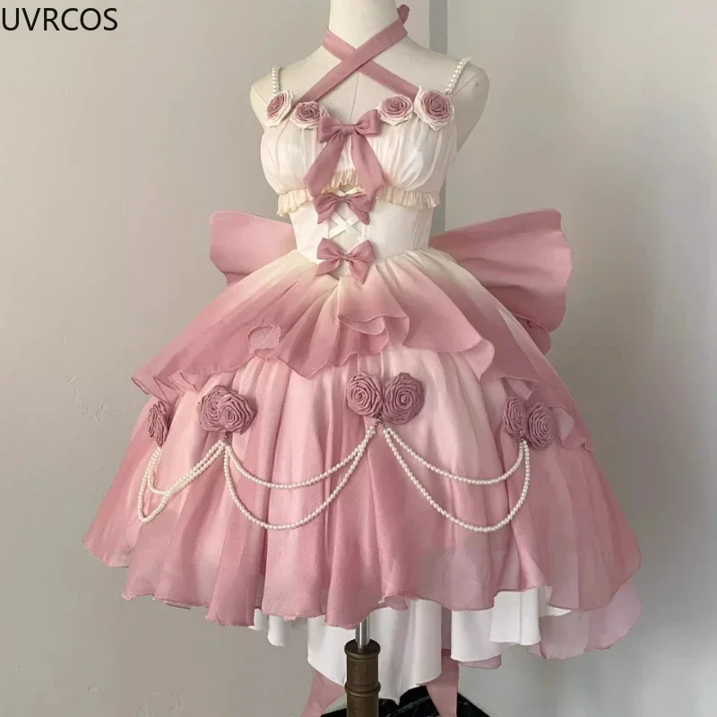 Retro viktoria nischen Lolita Kleid elegante Frauen süße Schleife Perle Kette Rüschen Rose Blume Kleider Kawaii Farbverlauf rosa Prinzessin Kleid