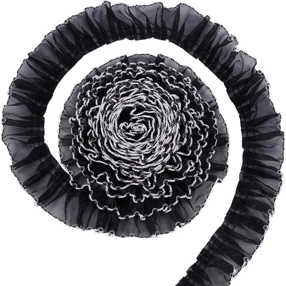 8 Yards Polyester Pleated Lace Trim 1.57inch Wide Black with White Edge Ruffled Lace Ribbon for Garment Accessories DIY Craft