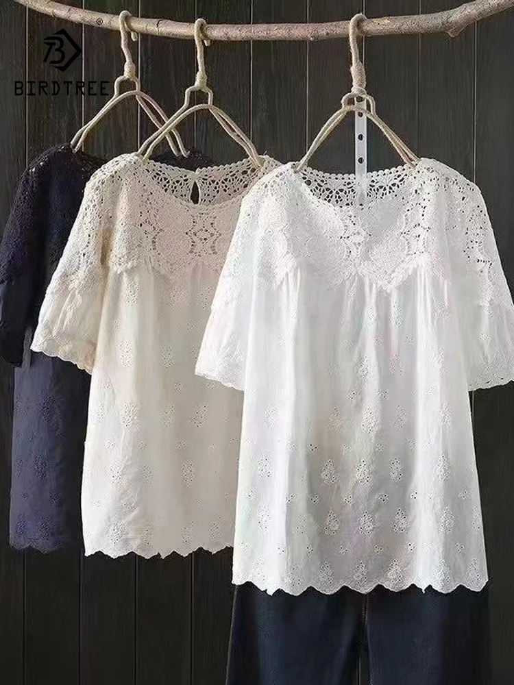 

New 2025 Summer Cotton Short Sleeve T-Shirt, Women O Neck Hollow Out Embroidery, Mori Girl Versatile Casual Loose Tee T55750CC