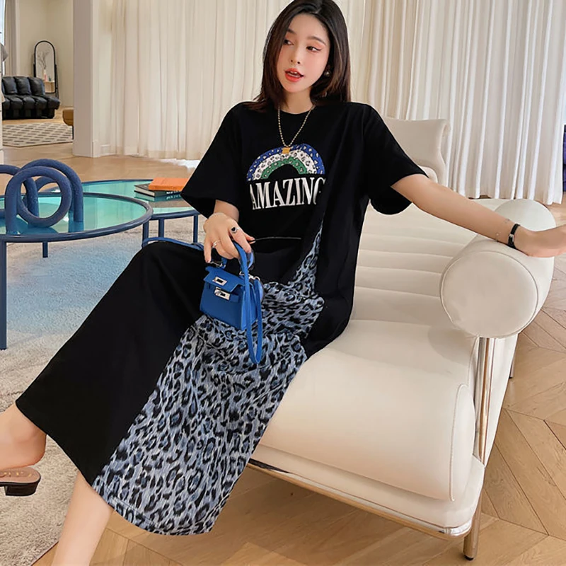 Fashion Printed Letter Leopard Fake Two Pieces Casual Dress Female Clothing 2024 Summer New Loose Young Style Short Sleeve Dress