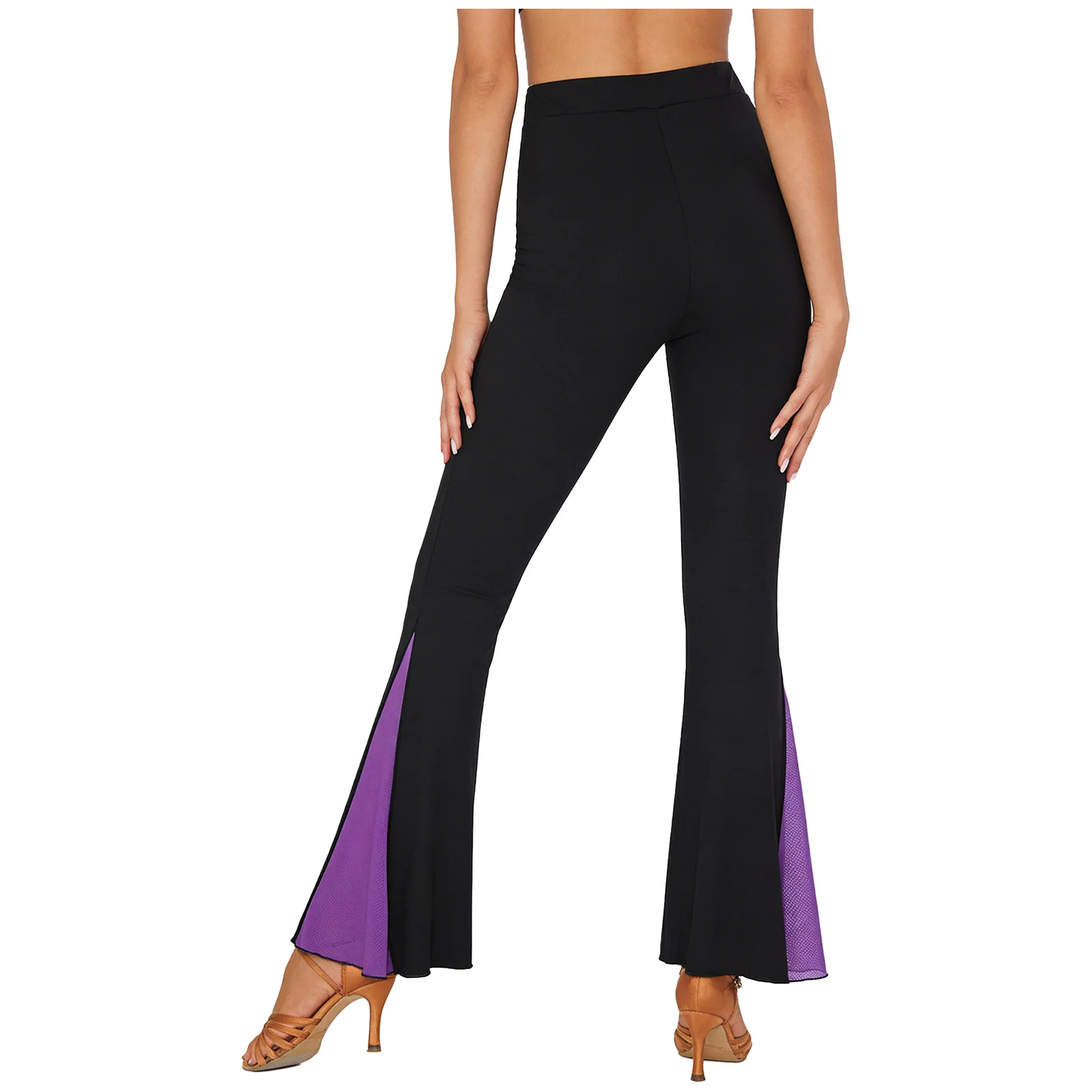 

Womens Latin Dance Flared Pants Bell Bottom with Sheer Mesh Patchwork Elastic Waistband Trousers for Chacha Tango Modern Dance
