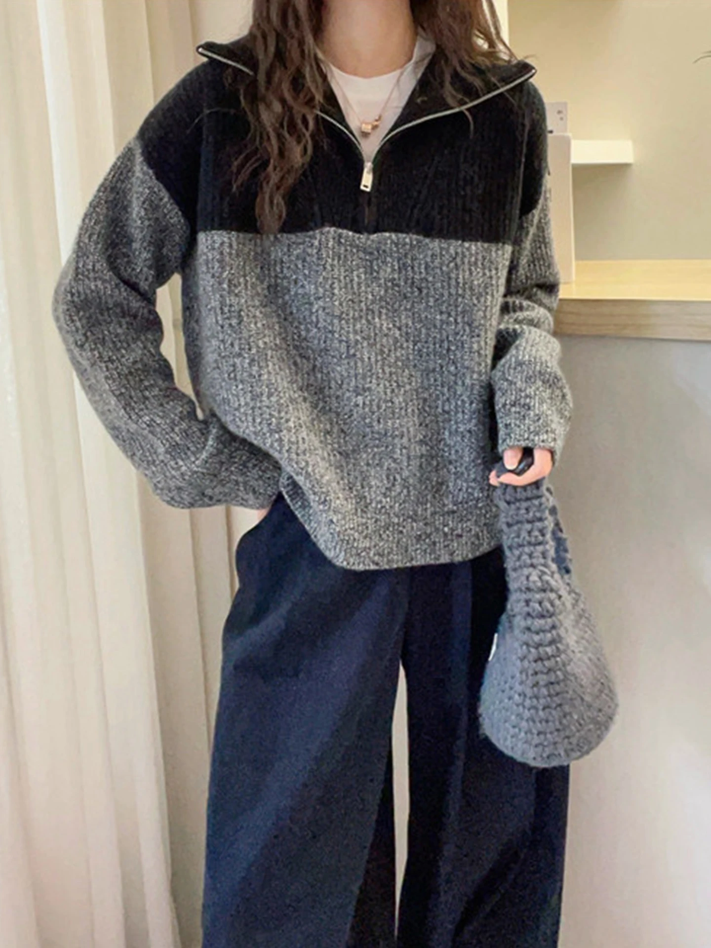 

Camere f Zip Loose Fit Knitwear Long Sve Korean Sle Winter Faion Lightweight Luxury Anti-Aging Collar Stand up