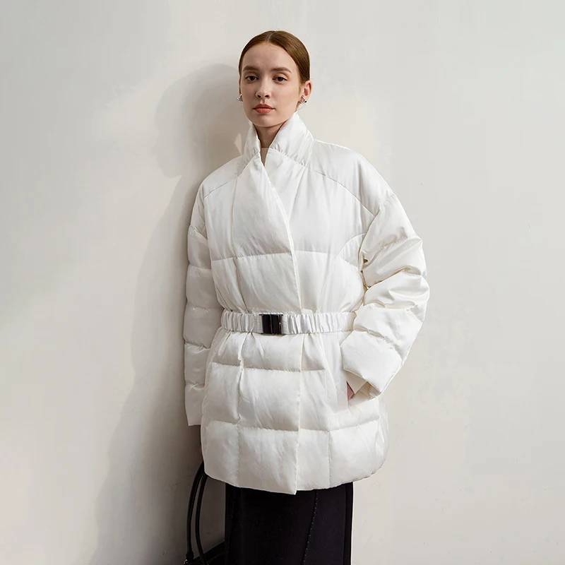 Amii para baixo casacos 2025 inverno novo gola alta com cinto manga longa superior quente em linha reta cor sólida para baixo jaquetas mulher 12544049