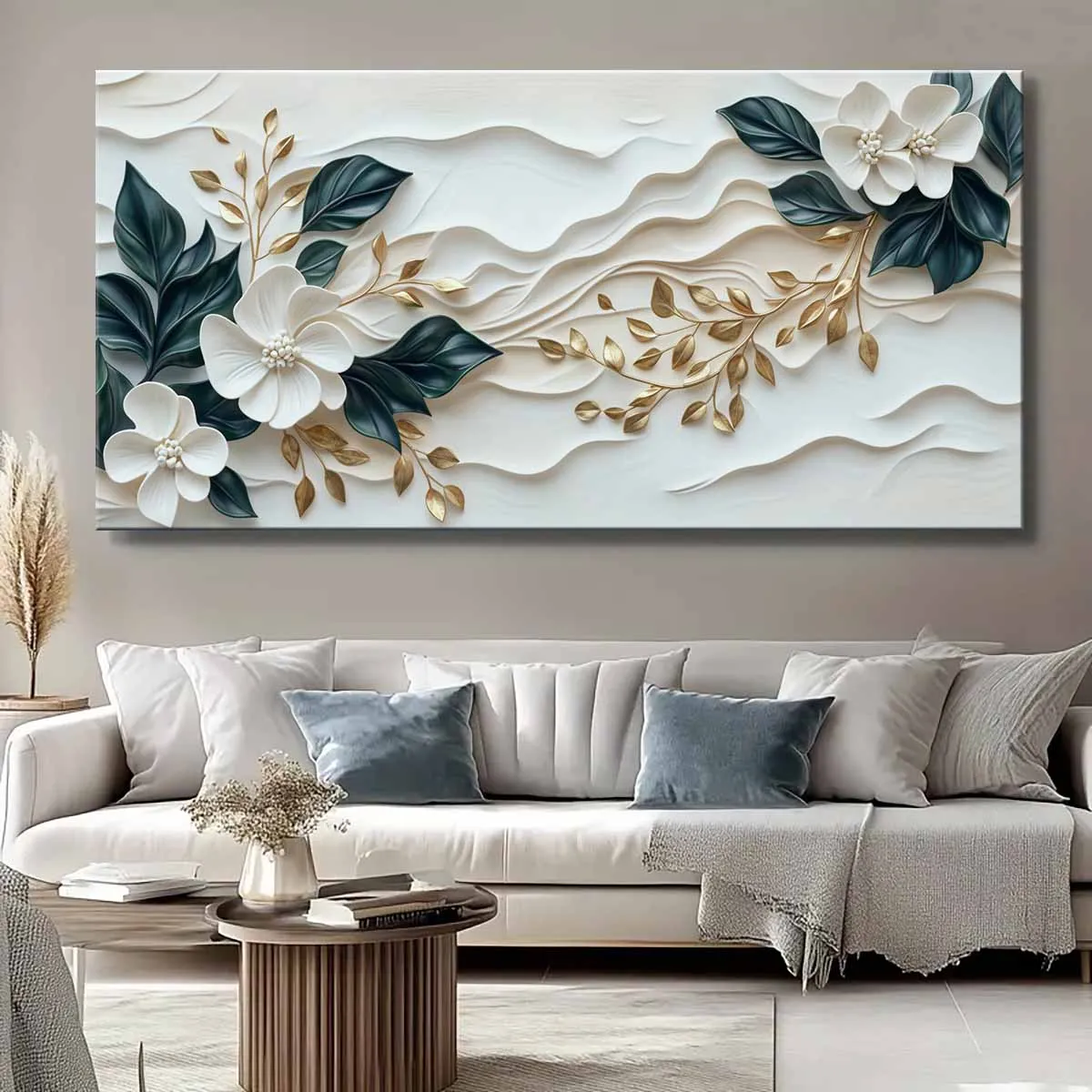 Horizontal Gallery Wrapped Canvas Wall Art With Frame, White Floral Dark Green Leaves Gold Branches Print, Neutral Tones, Modern Elegant Botanical Theme, Suitable For Living Room Bedroom Office Study Entryway Home Decoration