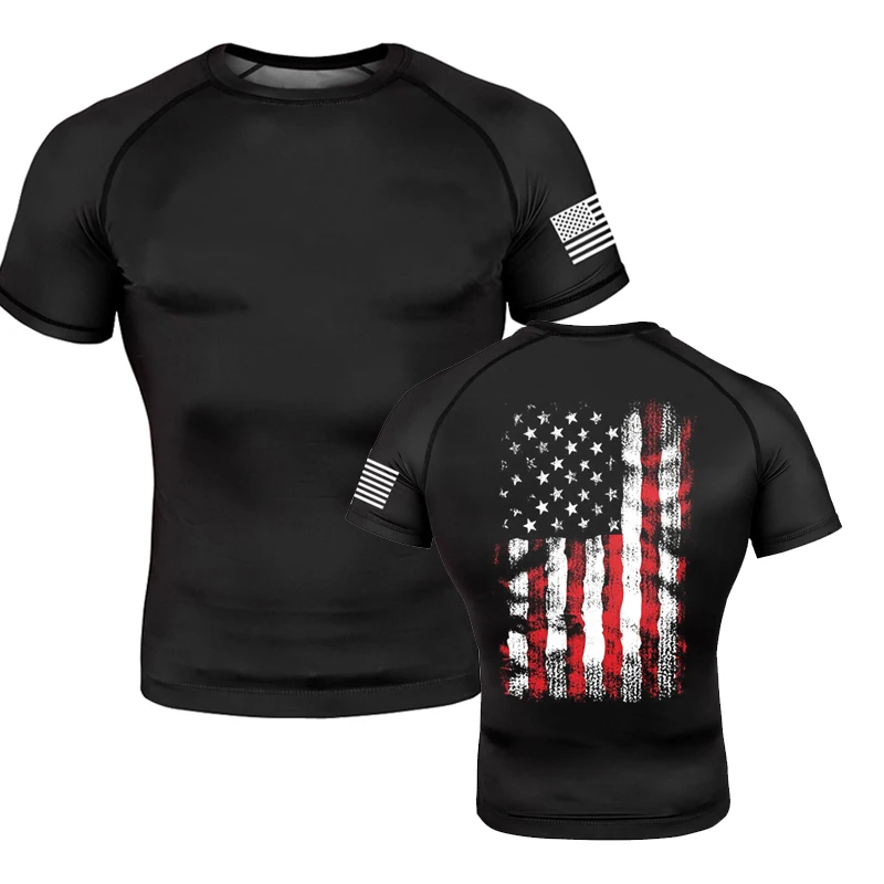 Men's Boxing T-shirts Muay Thai Fitness Short Sleeve American Flag Martial Arts Gym Training MMA Man Clothing Sportswear Tops