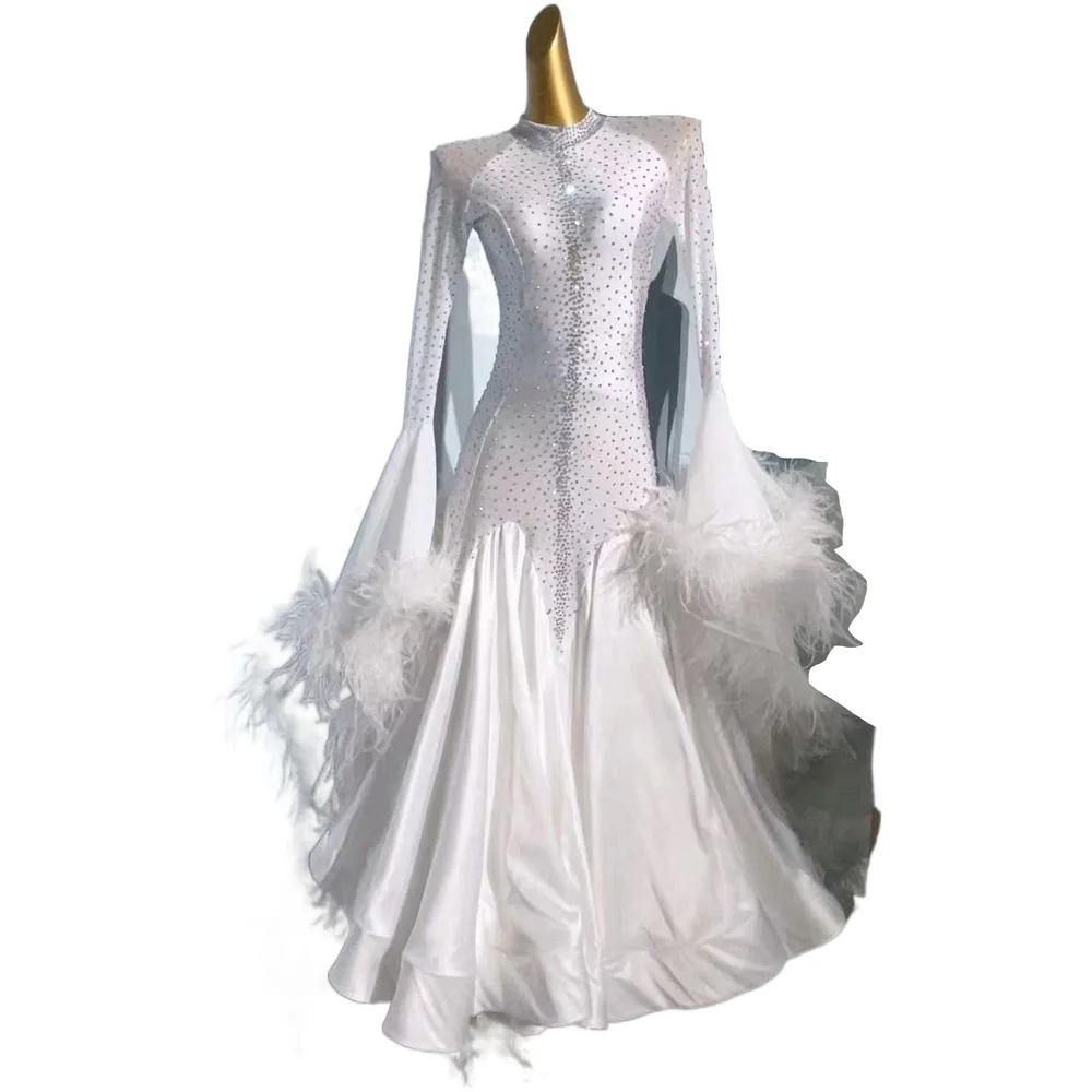 

Ballroom Dress High end Customized Full Diamond Fur Large Hemline Waltz Tango Female Adult Stage Professional Apparel