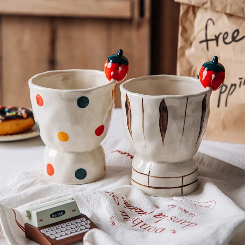 Handmade Three-dimensional Strawberry Highfoot Cup, Underglaze Color Hand-painted Ceramic Polka Dot Stripe Mug, Coffee Milk Cup