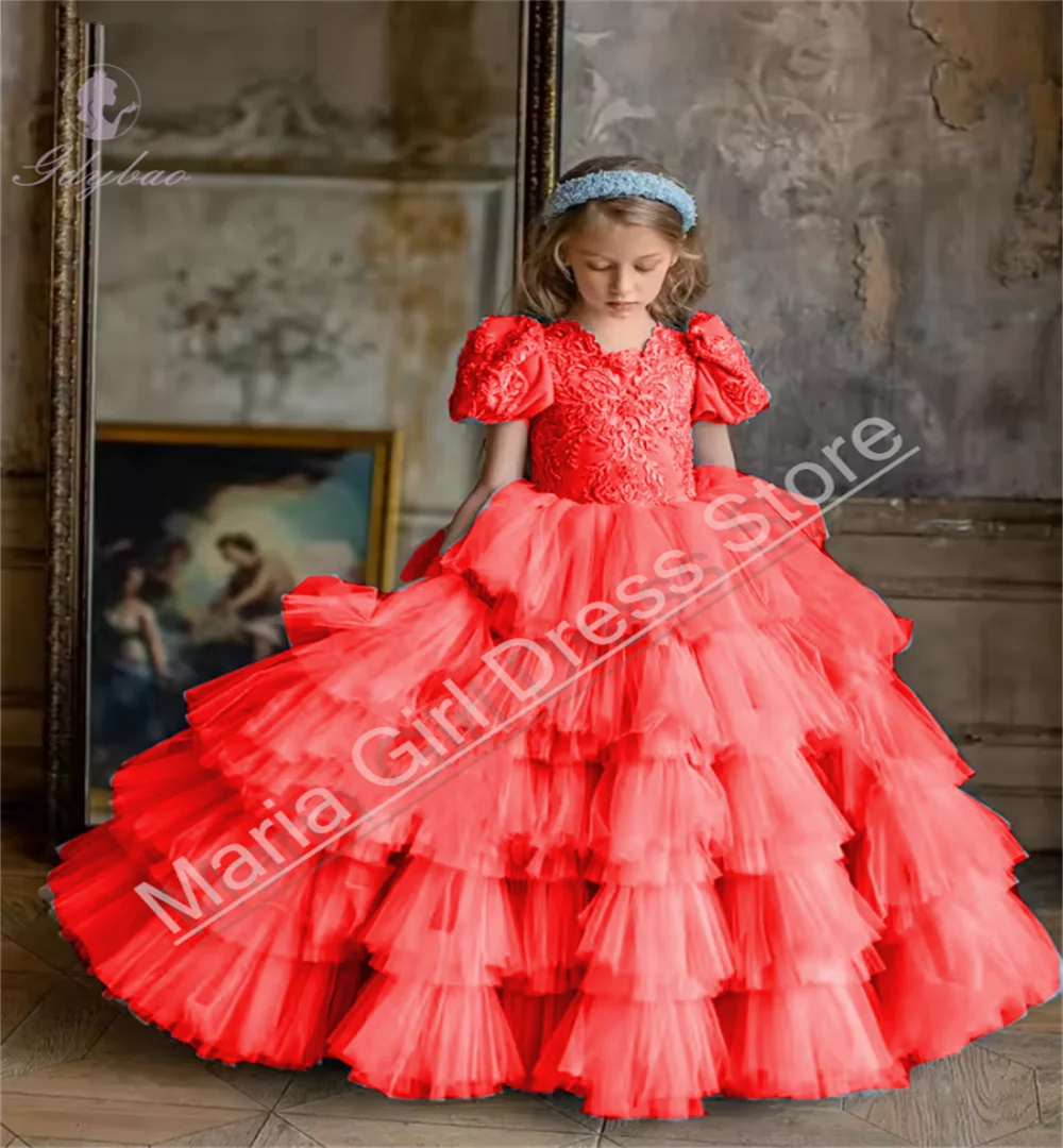 

Customized Elegance Pink Flower Girl Dresses For Wedding Tiered Fluffy Bubble Sleeves Child Birthday Party Beauty Pageant Gown