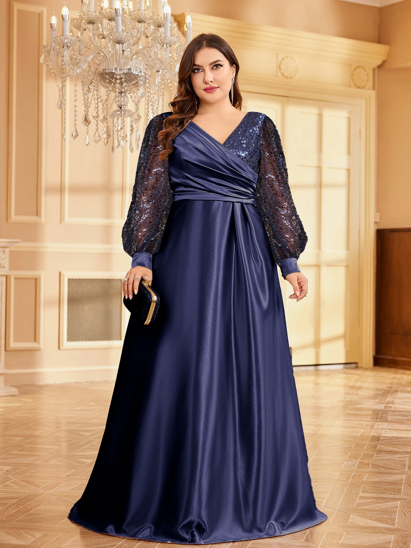 XUIBOL Luxurious Sequin Satin Evening Gown, Party Long Sleeve Plus Size V-neck Dress