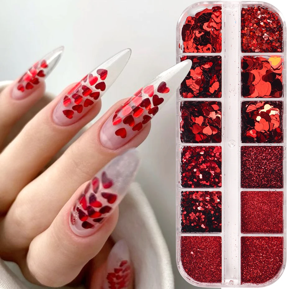 12 Grids Red Heart Valentine Nail Glitter Sequins Fine Chrome Powder 3D Hexagon Flakes Dust French Manicure Wedding Nail Decor