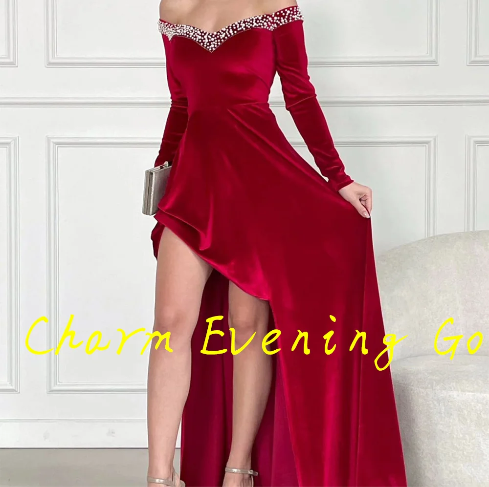 Floor Length Side Slit  Strapless Evening Dress Velvet Long Sleeves Pearls Special Occasion Gowns Photo Color Elegant and Sexy