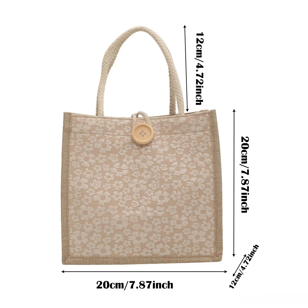 Linen Button Zipper Handbag New Fashion Gift Packing Bag Flower Pattern Large Grocery Bag Women Beach Tote Portable Lunch Bag