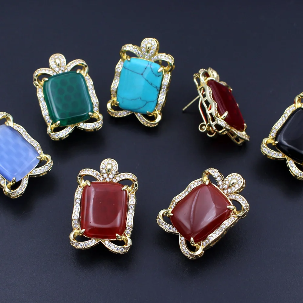 6pair Colors Cats Eye Stone Agate Square Earrings Post CZ Paved Gold Plated Copper Studs For DIY Women Handmade Earrings