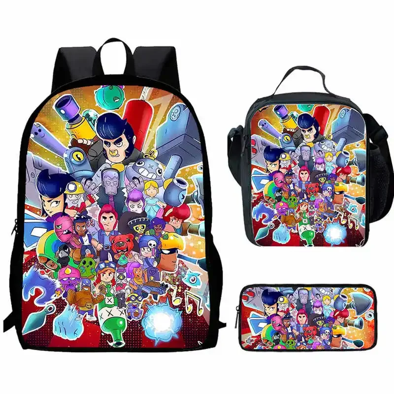 Cartoon B-rawl Child School Backpack With Lunch Bags Pencil Bags For Age 4-9 ,Light Weight Stars School Bags For Boys Girls