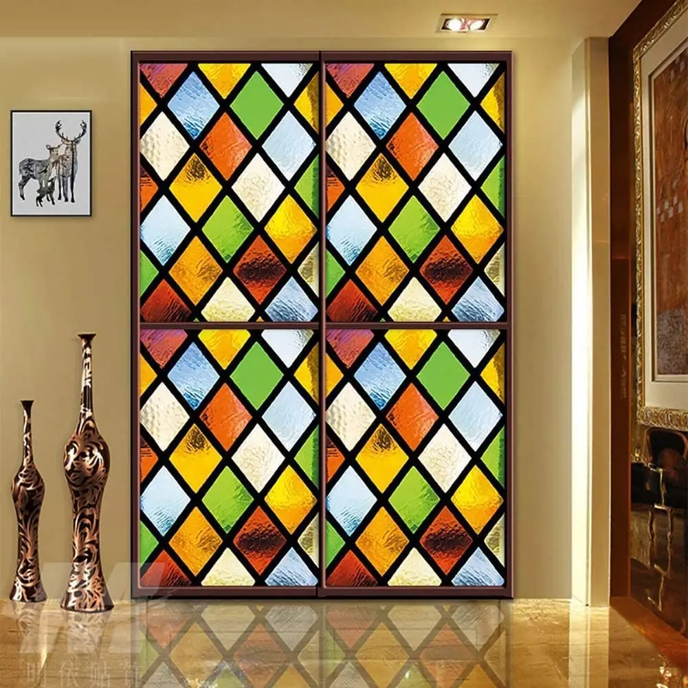 Not Transparent Privacy Window Film Vinyl No Glue Static Cling Color Rhombus Stained Frosted Glass Decorative Window Tint