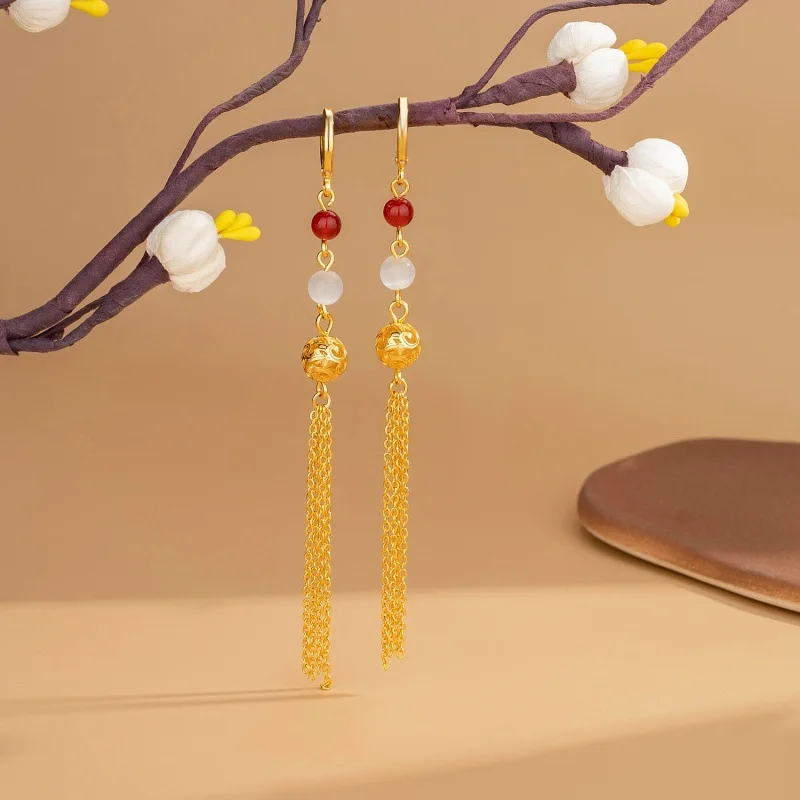 Mylux Jewelry Light luxury 24K real gold hydrangea two-color pearl ear buckle female fashion hollow-out tassel earrings to his g