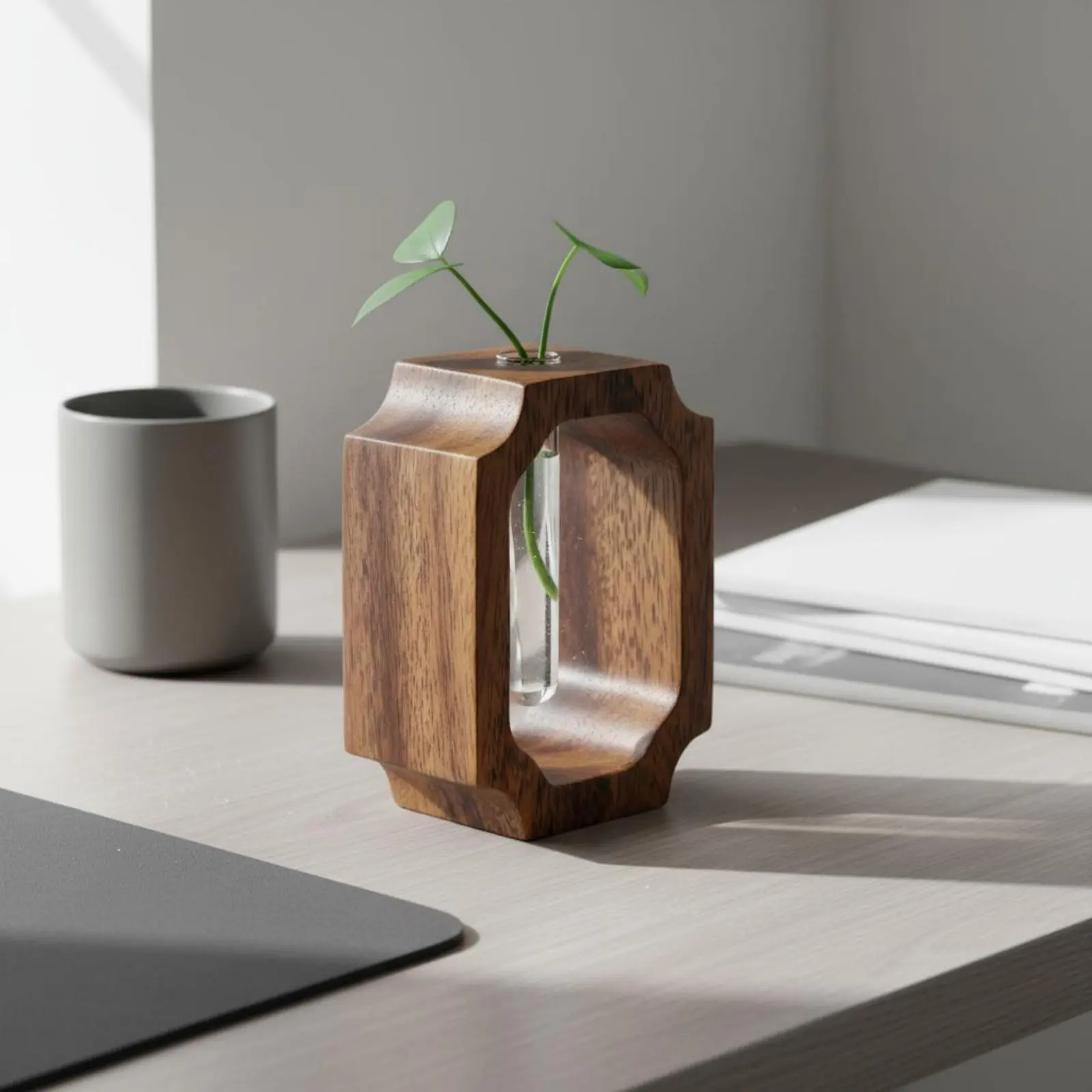 Walnut Wood Vase Easy to Clean Test Tube Vase Hydroponic Flower Holder Modern Design Propagation Station Moisture Resistant