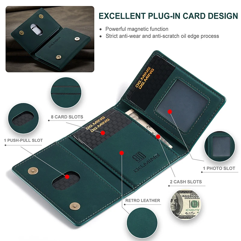 Green Three Fold Card Holder Case Retro PU Leather Credit Cards Holders Bag Business Multiple Slots Magnetic Suction Small Pack