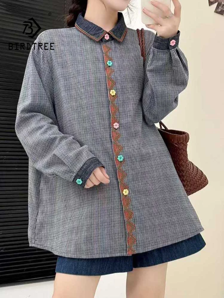 

Новая зимняя джинсовая рубашка с длинными рукавами 2025, женская свободная блузка с отложным воротником и вышивкой Mori Girl в национальном стиле в стиле ретро T5D145CC