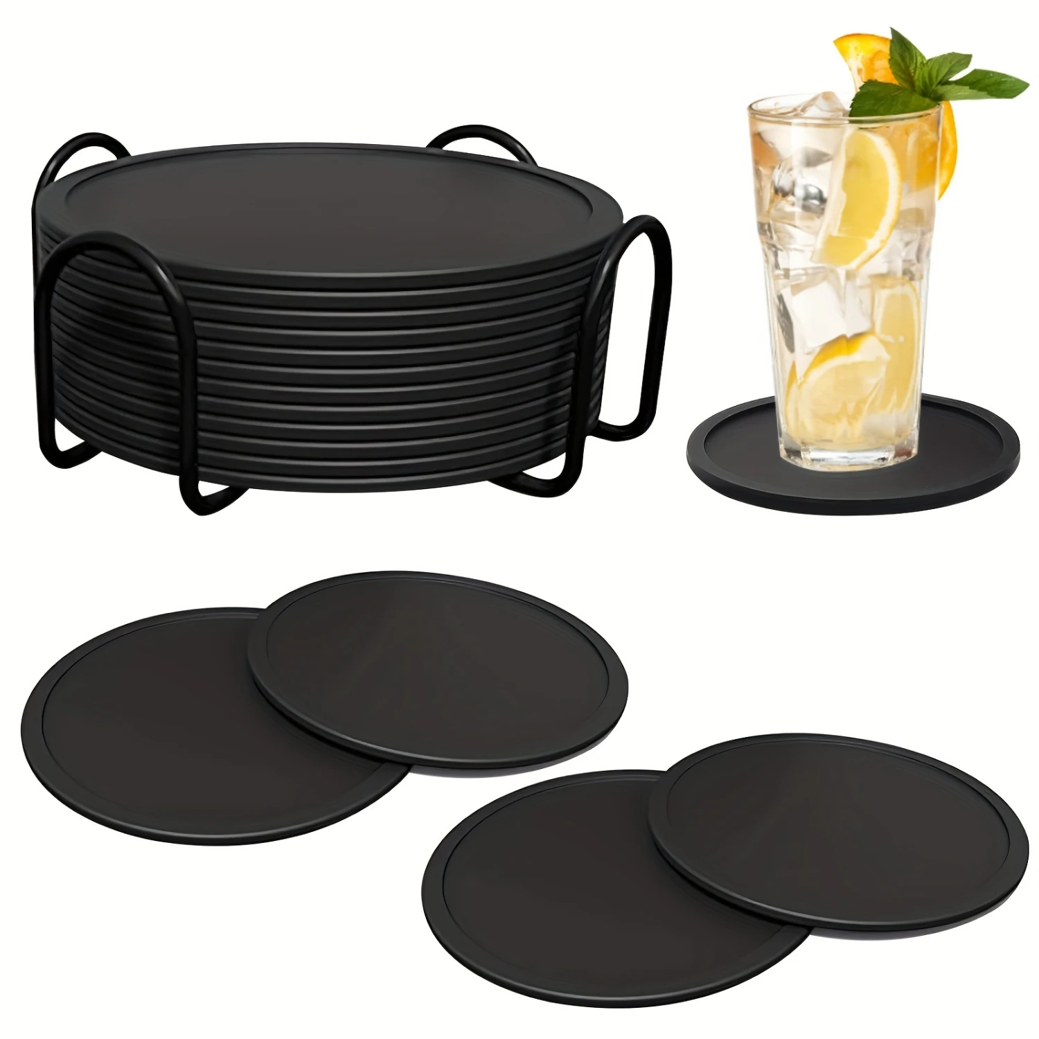 

12pcs Non-Slip Black Silicone Coasters with Holder - Absorbent Drink Coasters for Tabletop Protection - Perfect for Housewarming