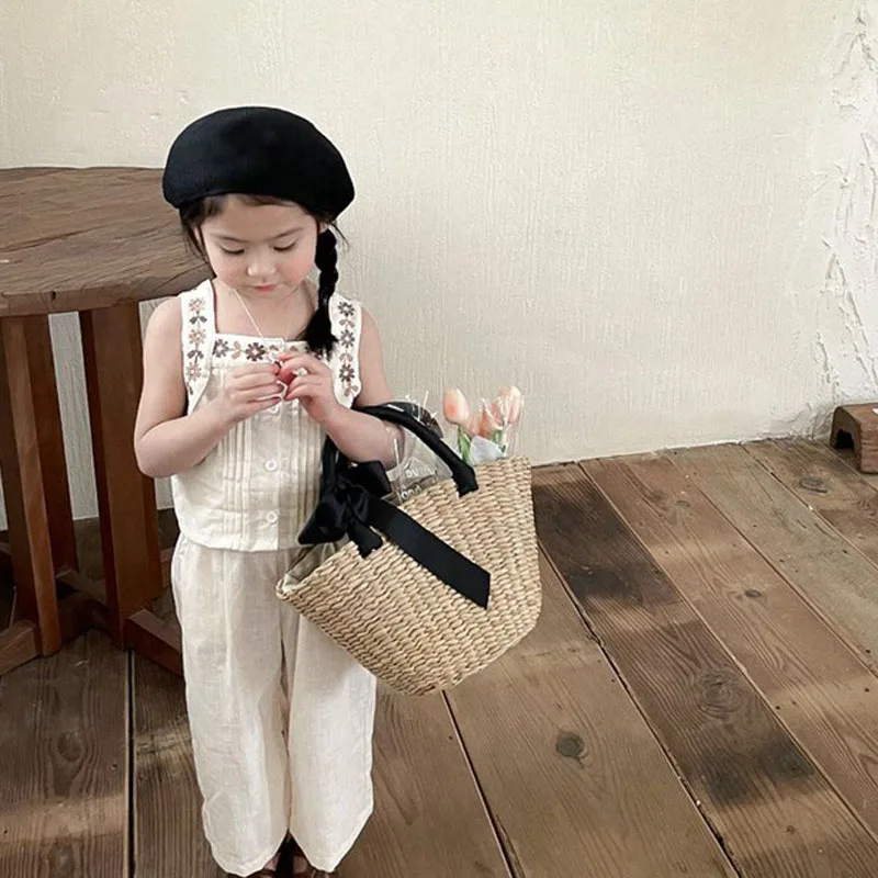 Summer Girls' Clothing Sets Japanese Korean Style Embroidery Short Cotton Vest+Wide Leg Pants Baby Kids Children Clothes Suit