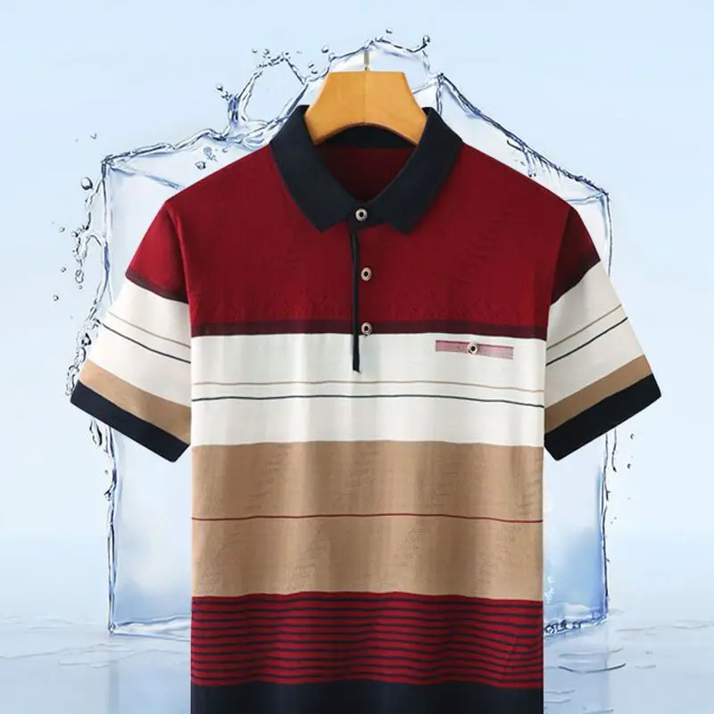 2023 Summer New Fashion High End Middle Age Business Casual Men\'s Clothing Short Sleeve Lapel Striped Printed Thin POLO Shirt