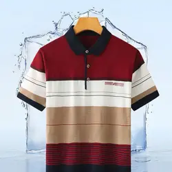 2023 Summer New Fashion High End Middle Age Business Casual Men's Clothing Short Sleeve Lapel Striped Printed Thin POLO Shirt