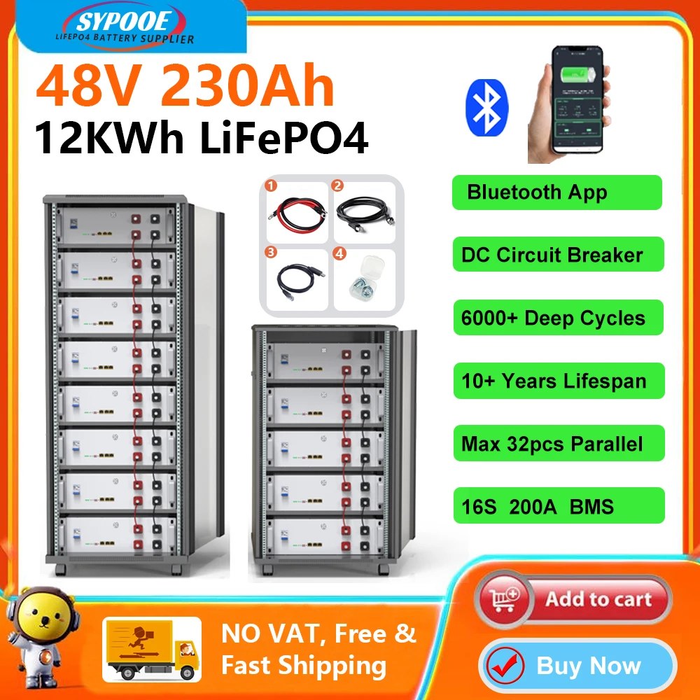 

Bluetooth LiFePO4 48V 230Ah 200Ah 100Ah Battery 200A BMS RS485 CAN EU Stock DC Breaker Max 32 in Parallel Full Capacity Grade-A