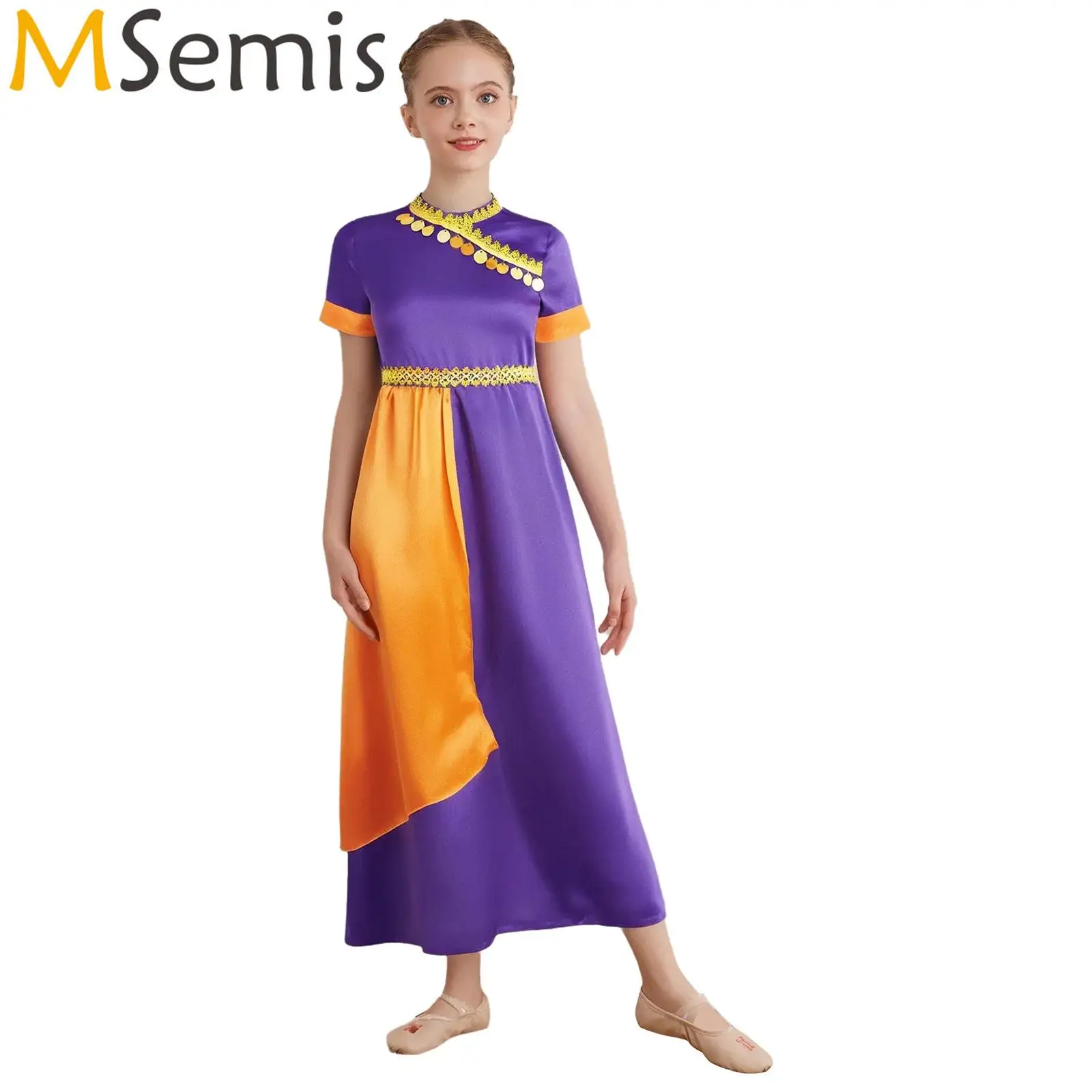 

Girls Saree Indian Halloween Dress Up Outfits State Dance Cosplay Costume Short Sleeve Gold Trim Gold Circles Color Contrast