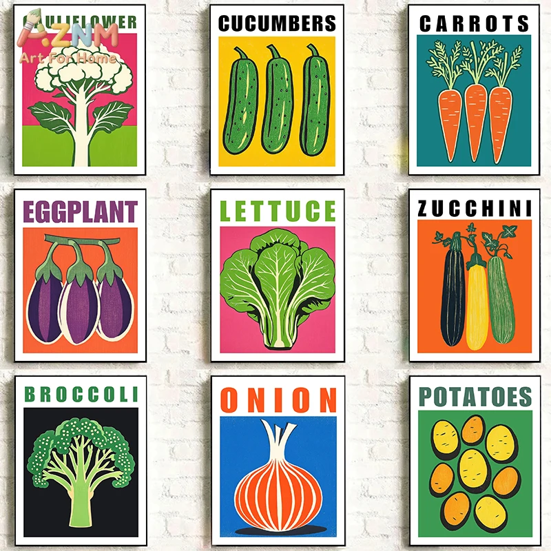 

AZNM Colorful Vegetable Canvas Wall Art Print, Frameless Single Panel Retro Pop Art Illustration Poster, Kitchen Wall Decor for