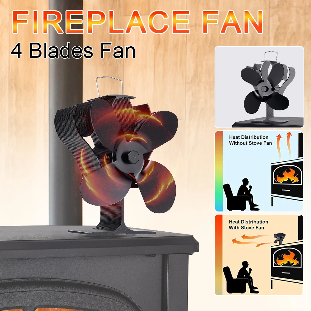 

Black Fireplace Fan 4-Leaf Heat Driven Stove Fan Wooden Burner Quiet Energy-Saving Heater Home Efficient Heat Distribution