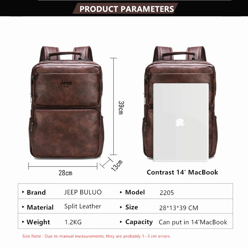 Jeep Buluo Vintage Leather Backpack for Men Large Capacity Business Laptop Bag Casual Daypack for Work Travel College