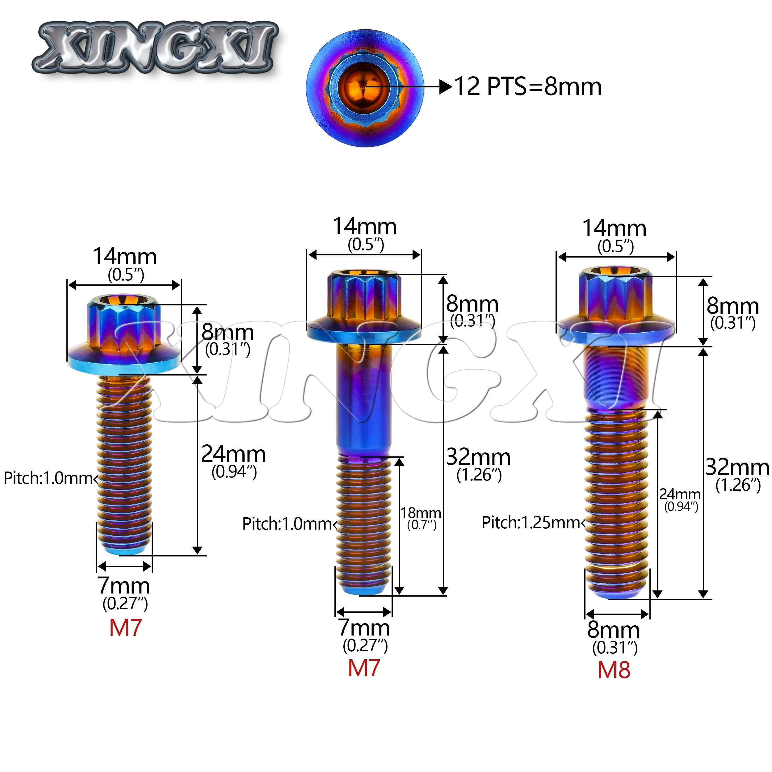 Xingxi 5PCS Titanium Ti Bolts M7 M8x24/32mm Flange 12 Points 8mm spline Screws for Car Wheel Split Rim Retrofit fasteners
