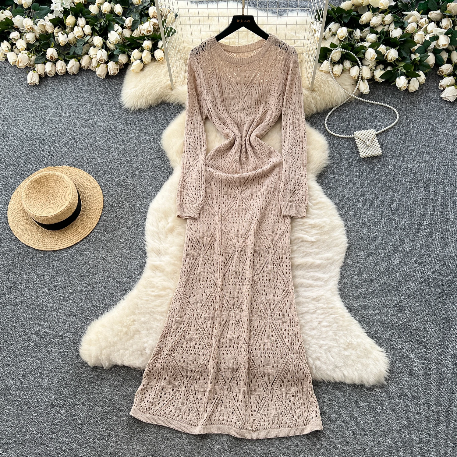 Chic vintage Knit hollow out pleated loose Elegant Fairy korean fashion Boho Sundress women clothing Long dress