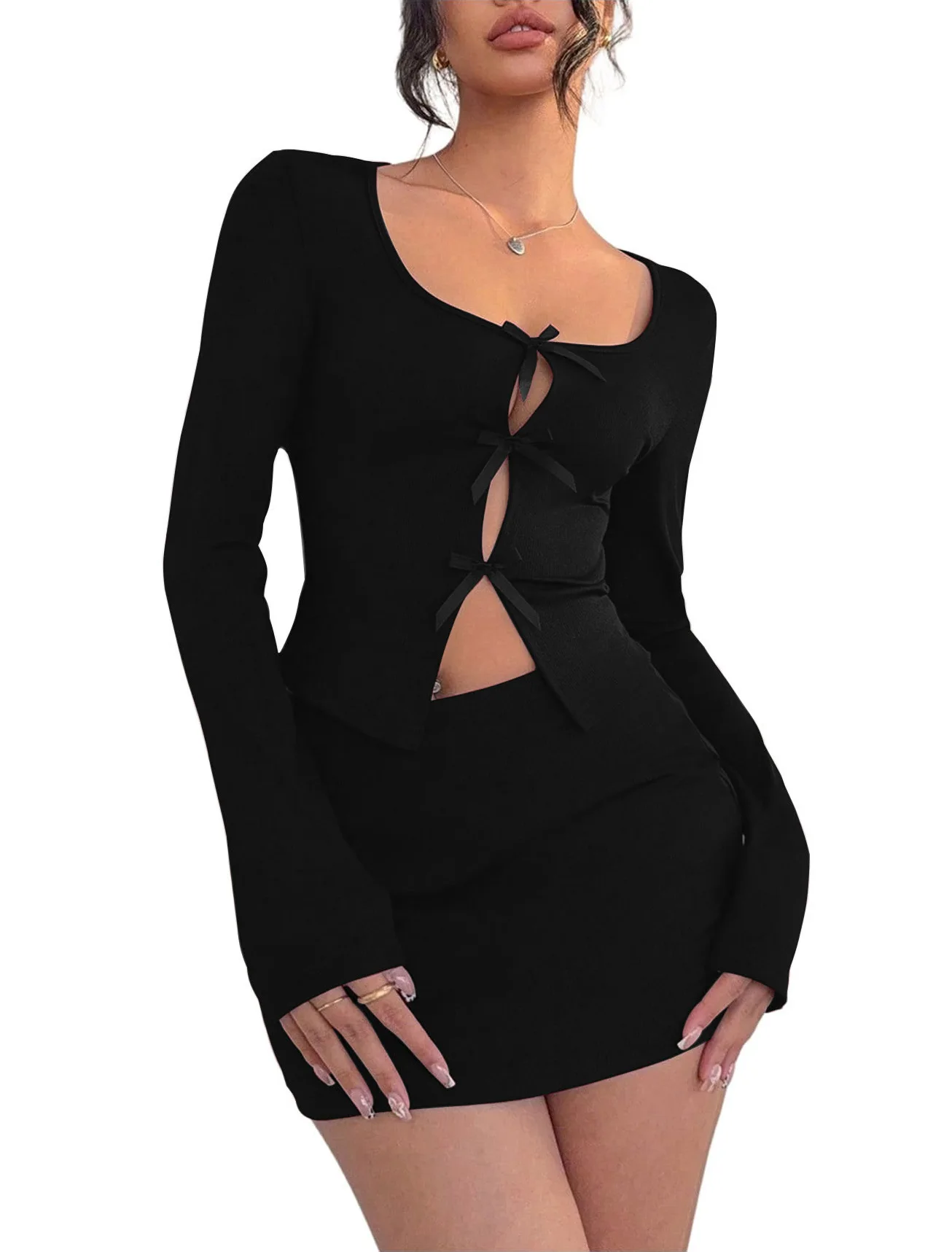 

Ladies' Homewear Autumn and Winter Velour Style with Bow-Tie, Sexy Fashionable Chic Long-Sleeved Short Skirt Set