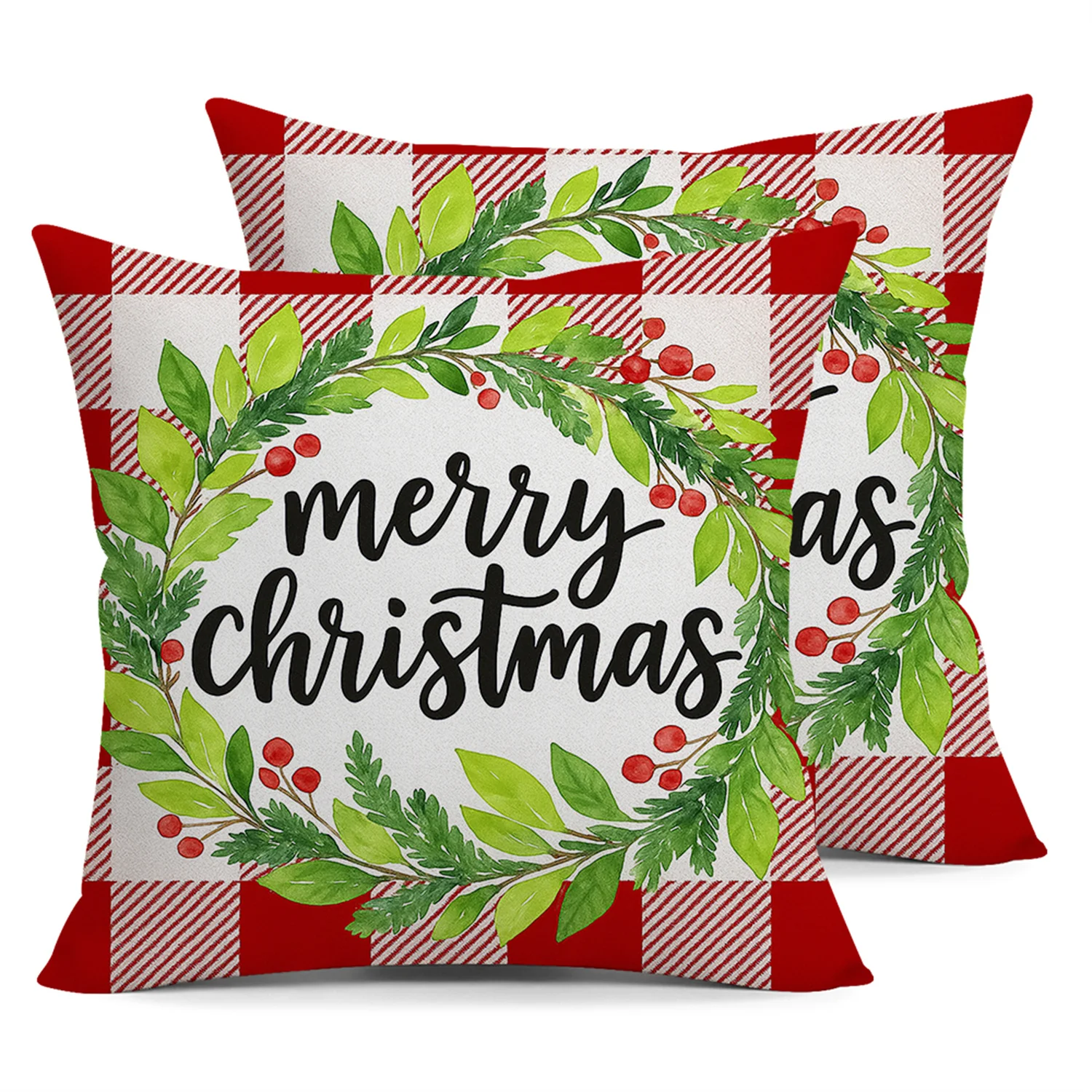 2pcs Green Leaf Wreath Red Berries Red Plaid Christmas Throw Pillow Covers Merry Christmas Cushion Case Winter Home Party