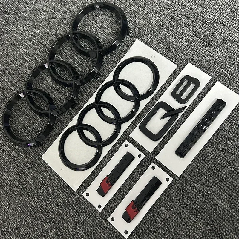AUDI Q8 4-Ring logo ABS Black Car Hood Front Grill Emblem Rear Trunk Badge Q8 Sticker Quarrto Sline Emblem For Q8 2018-2024