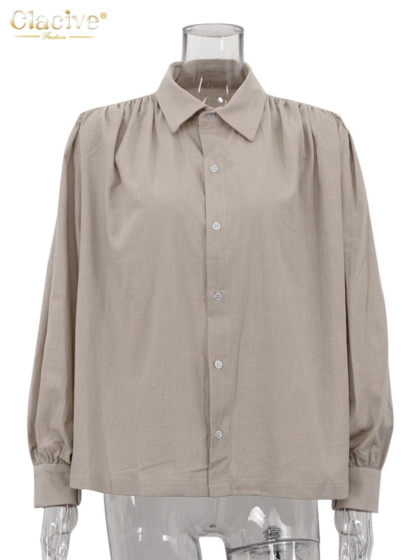 Clacive Fashion Loose Khaki Cotton Women's Blouse 2025 Casual Lapel Long Sleeve Shirt Elegant Classic Solid Tops Female Clothing