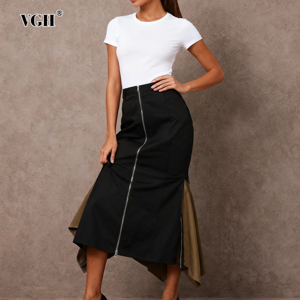 

VGH хитовый цвет, нерегулярная дизайнерская юбка для женщин, высокая талия, сращенная молния, офисная мода, юбки трапециевидной формы, женская осенняя одежда