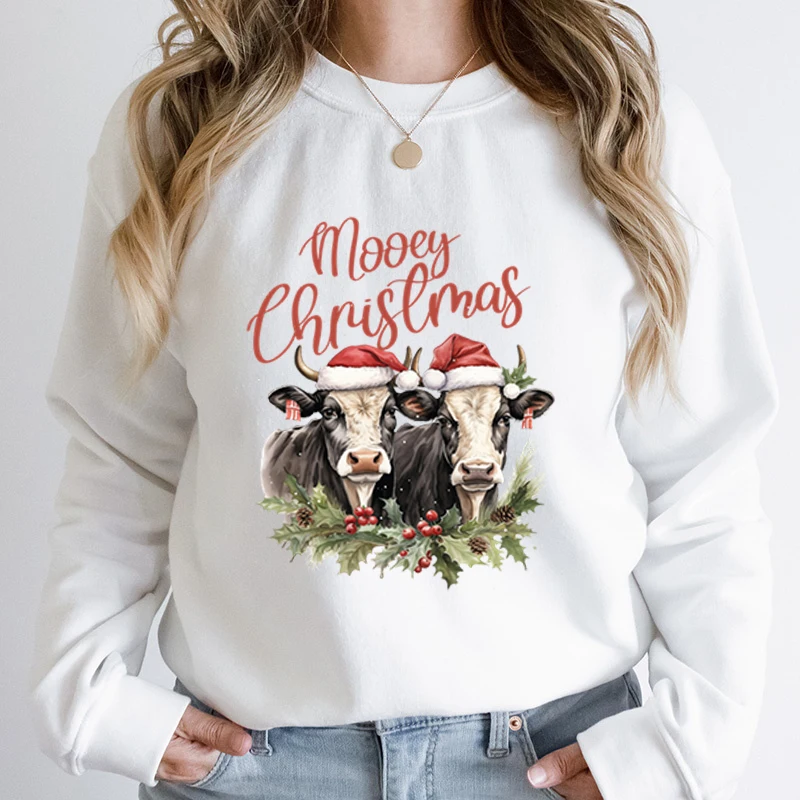 Cow Mooey Christmas Print Sweatshirts Autumn And Winter Long Sleeve Round Neck Casual Pullovers Women Loose Hoodless Sweatshirts