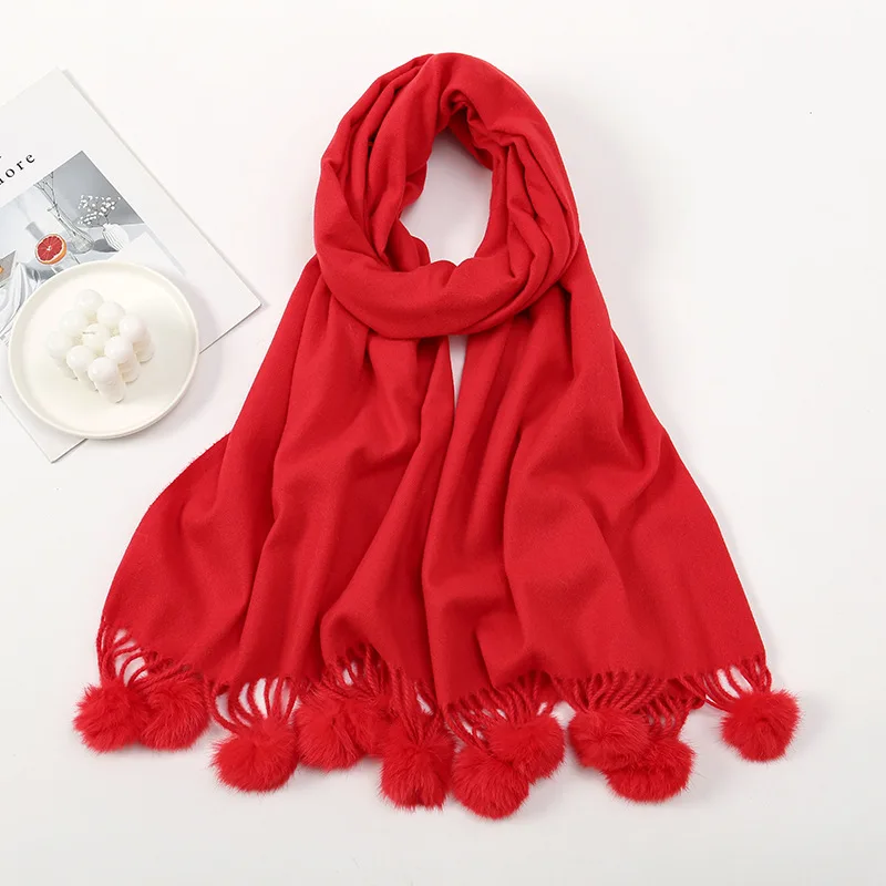 New Winter Warm Imitation Cashmere Scarf Women Luxury Solid Fringed Pompom Shawls Pashmina Thick Scarves Wrap Lady Blanket Hijab