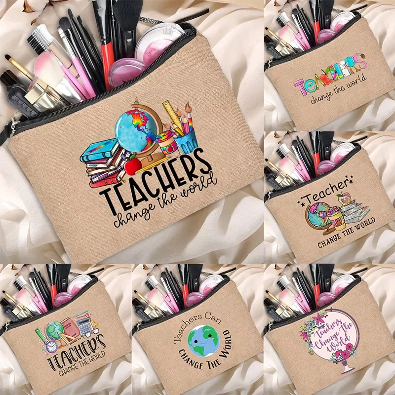 Teacher Gift Linen Pouch Women Makeup Bag Back To School Cosmetic Bag Travel Toiletry Organizer Storage Clutch Travel Organizer