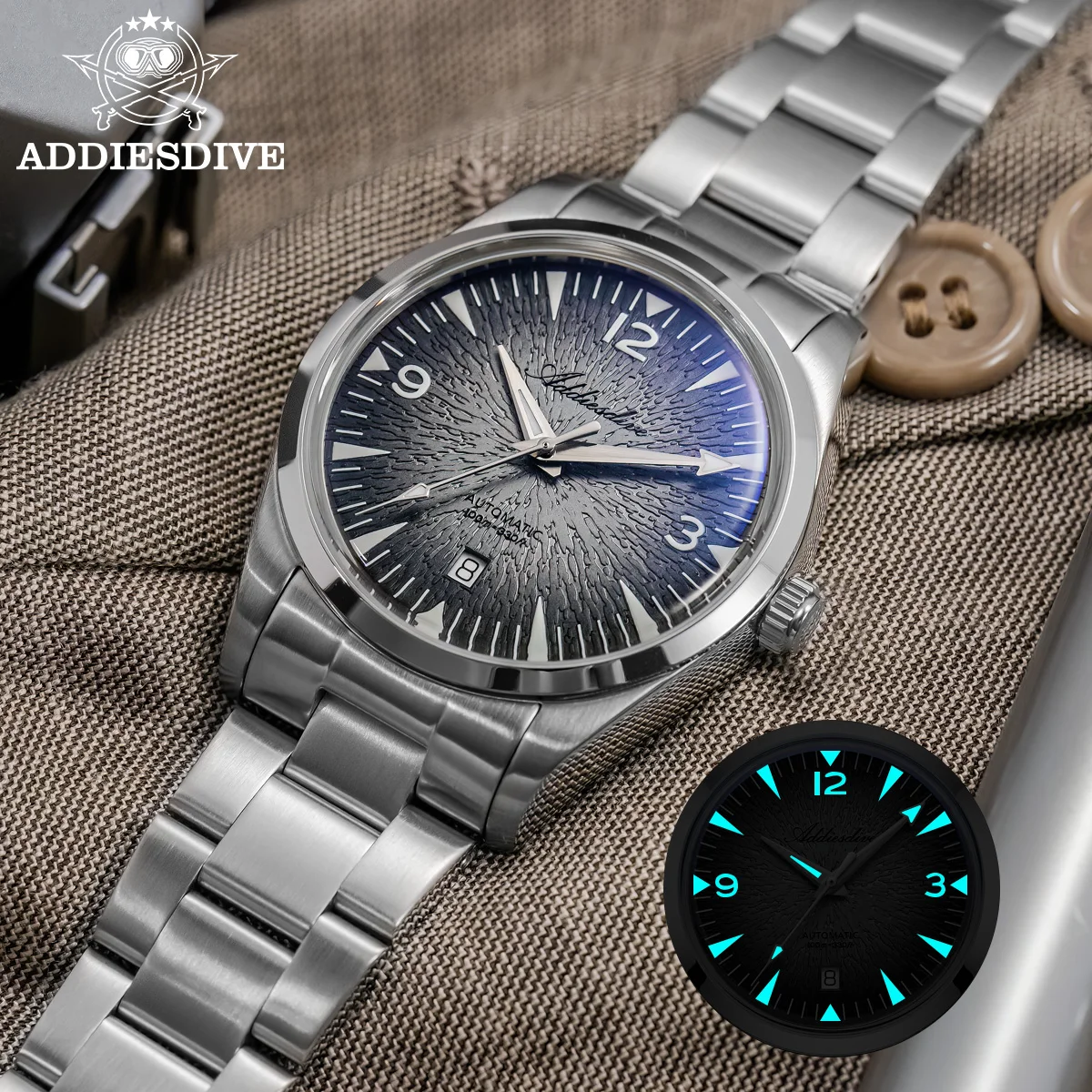 

ADDIESDIVE Men Watch Bubble Mirror Glass BGW9 Retro Super Luminous 100M Waterproof Calendar Automatic Mechanical Watch Reloj