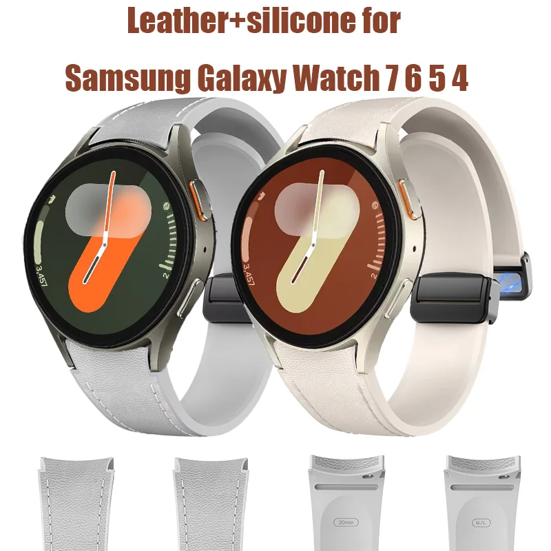 Leder + Silikon für Samsung Galaxy Watch6 7 40/44 mm Magnetschnalle Correas 20 mm KEINE Lücken Armband Galaxy Watch 6 7 5pro 4 Armband