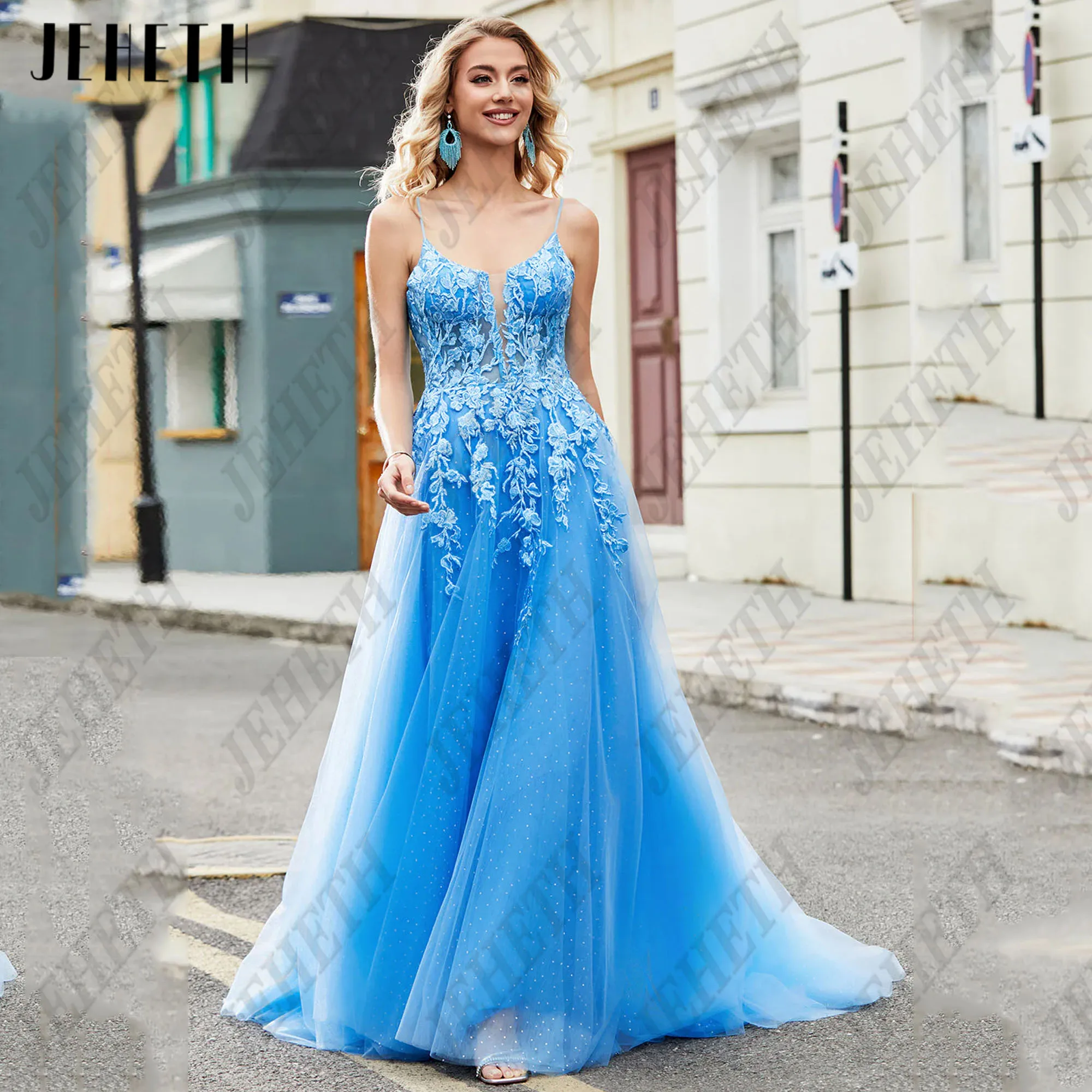 

JEHETH Prom Dress 2024 Spaghetti Straps V-Neck Formal Evening Gown Applique Lace Pastrol Party Dresses A-Line Customized