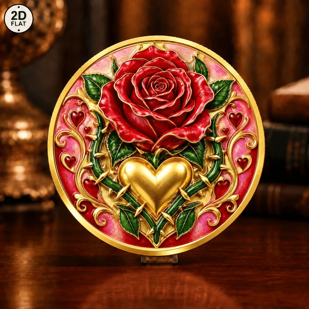 1pc Romantic Red Rose Heart Metal Challenge Coin UV Color Print Cupid Arrow Love Commemorative Coin Gift for Anniversary Wedding